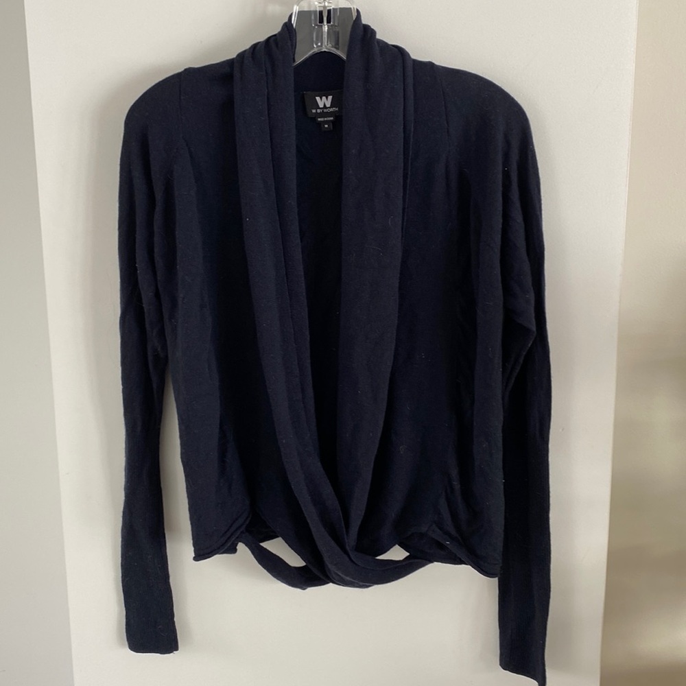 W BY WORTH navy blue wrap drape cardigan ribbed shelves M merino wool